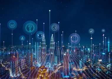 Panorama,Aerial,View,In,The,Cityscape,Skyline,With,Smart,Services Panorama aerial view in the cityscape skyline with smart services and icons, internet of things, networks and augmented reality concept , night scene .
